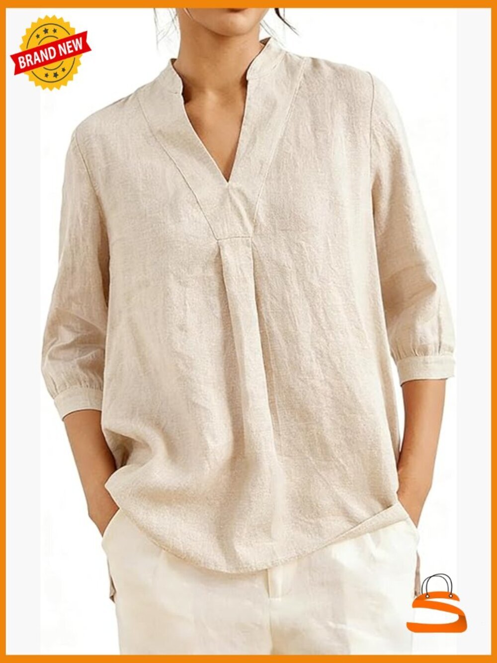 100% Linen Split Neck Blouse - 3/4 Puff Sleeve Loose Fit Summer Top